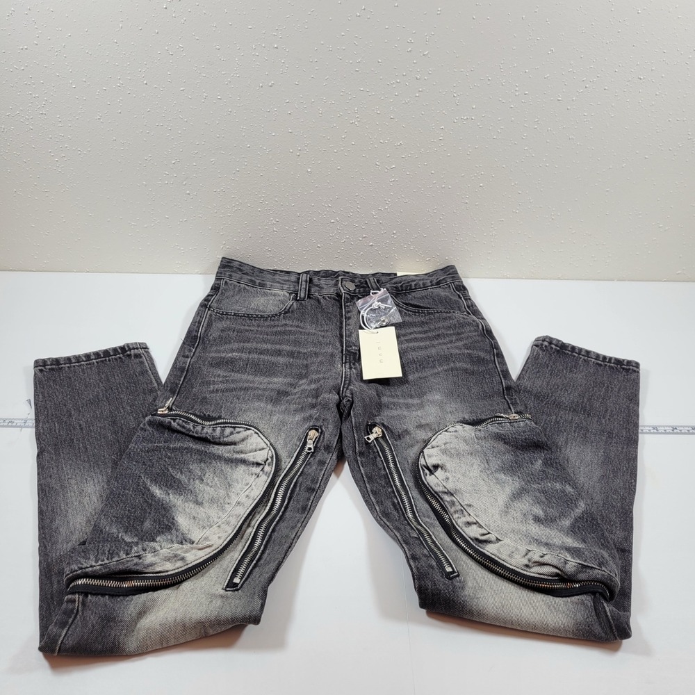 NWT mnml Cargo Jeans Mens 28 Black Zipper Pockets Streetwear Slim Fit Denim